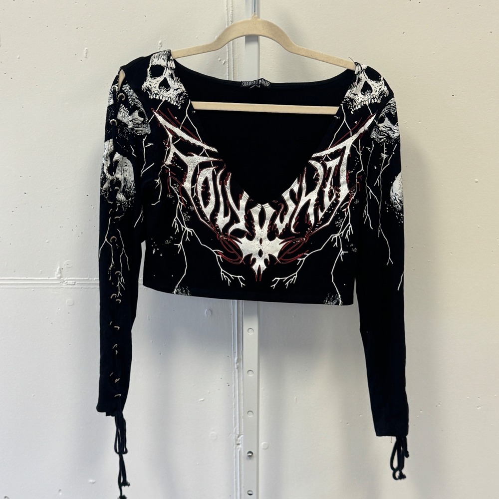 Current Mood Black Skull Lightning Lace Up Sleeve Crop Top Large Gothic Cosplay